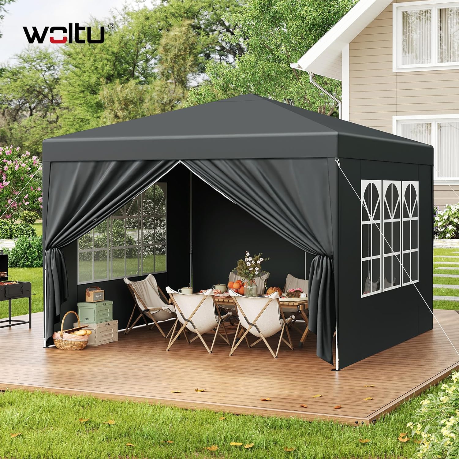 WOLTU Pop-Up wasserdichter Faltpavillon Sonnenschutz Event Pavillon mit Seitenwänden Gartenpavillon auf Terrasse Camping Festival Pagodenzelt aus Oxford Metallrahmen 3 x 3 m Anthrazit