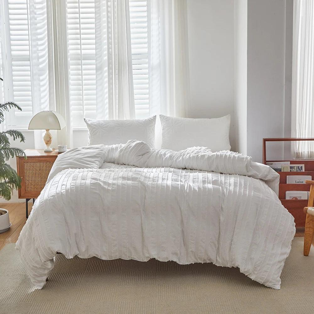 Minimal Whtie Beige Soft Tufted Bedding Set | Modern Stripe Tuft Design Bed Duvet cover Pillow case