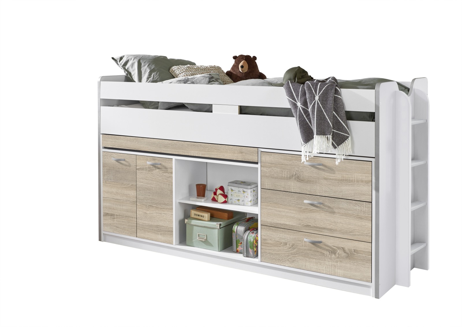Funktionshochbett BONNY - Sonoma Eiche-weiß - 90x200 cm