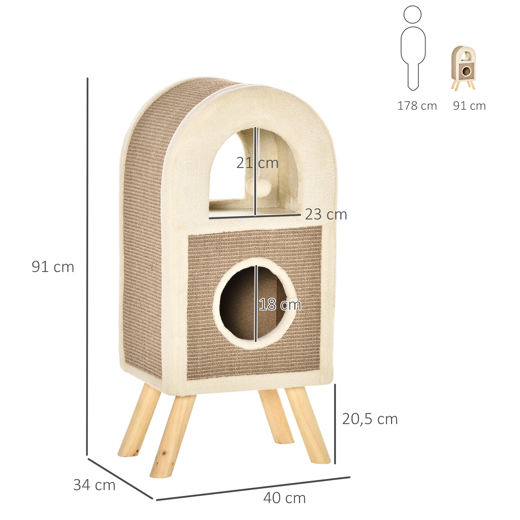 PawHut Kratzbaum mit mehreren Ebenen braun 40L x 34B x 91H cm