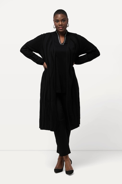 Long-Strickjacke, Wellen-Design, V-Ausschnitt, 1/1-Arm