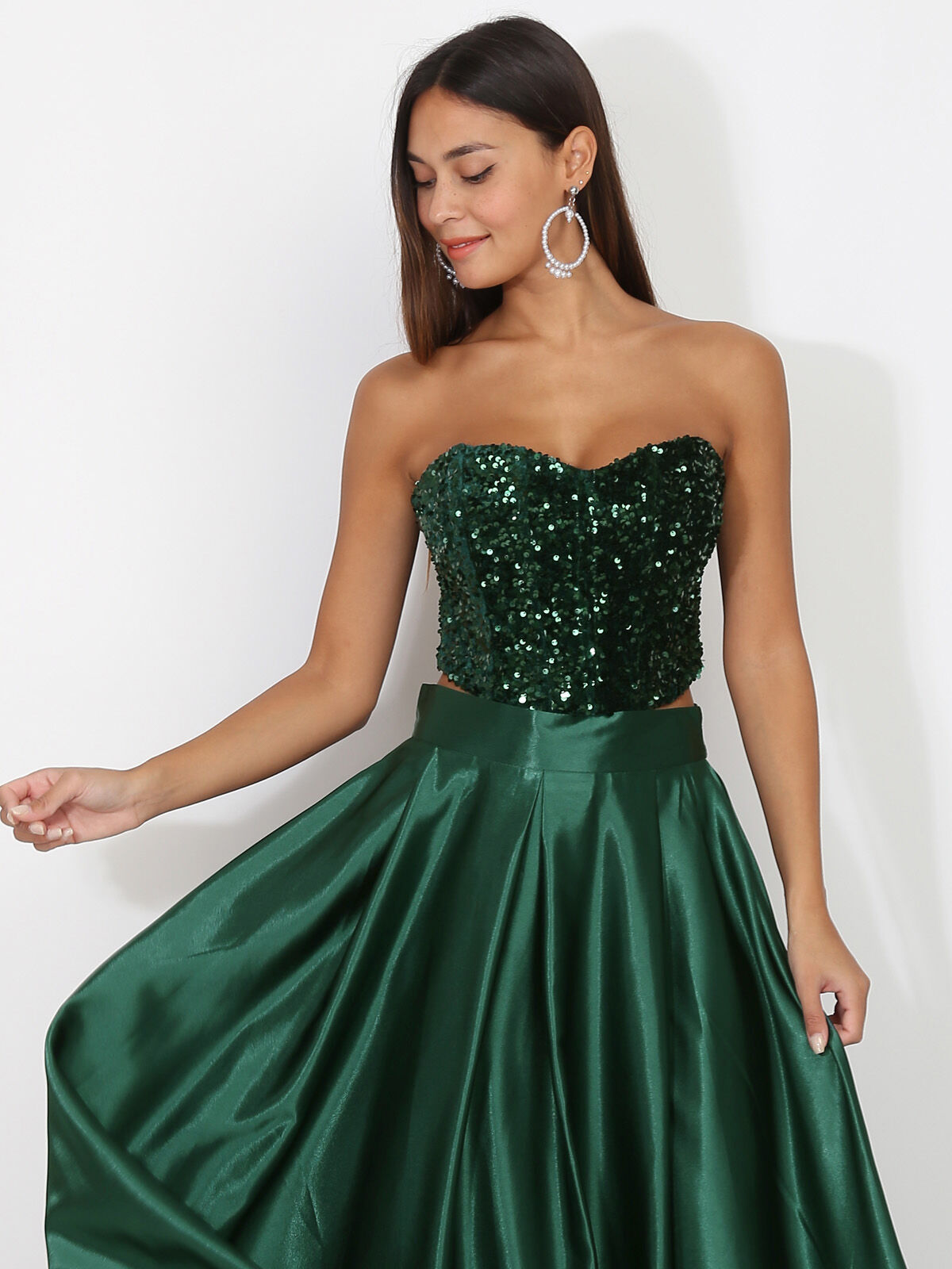 Bustier en velours brodé de sequins- Vert foncé