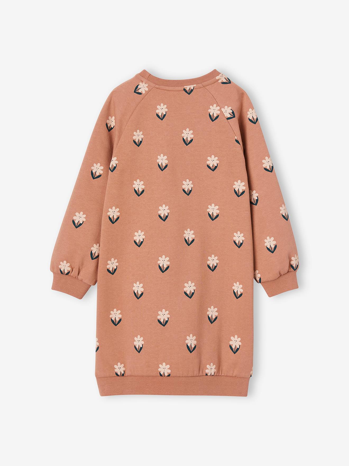 Vestido de pelúcia cor camelo com flores vibrantes para meninas