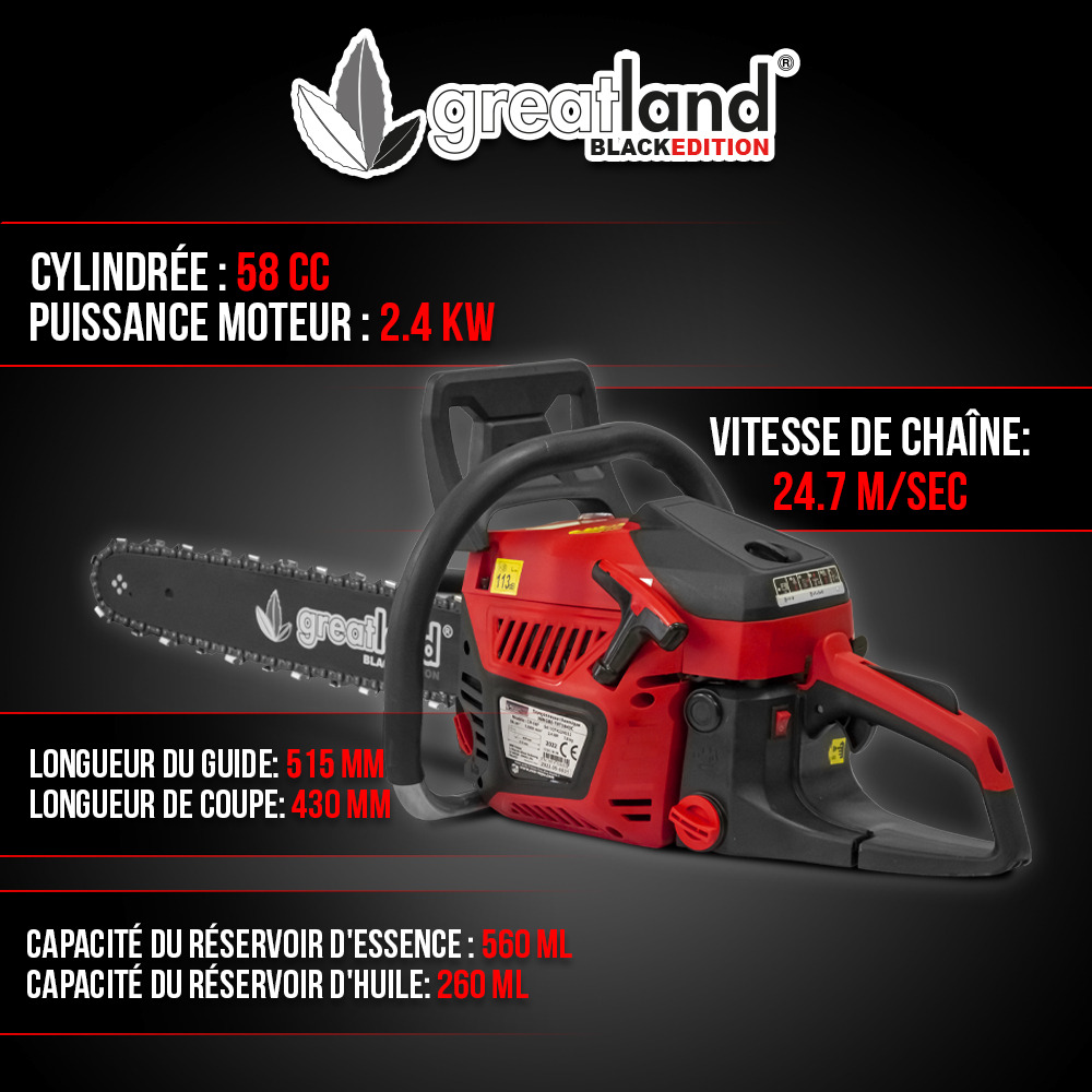 Tronçonneuse thermique 58cc - guide 51.5cm - greatland black edition