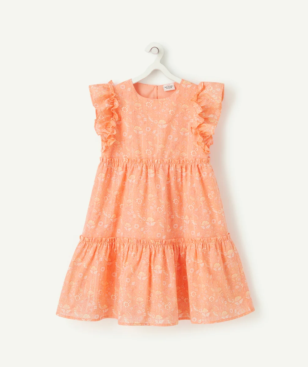 ROBE ROSE À VOLANTS FILLE IMPRIMÉ FLEURI ET LISERÉS COULEUR DORÉE