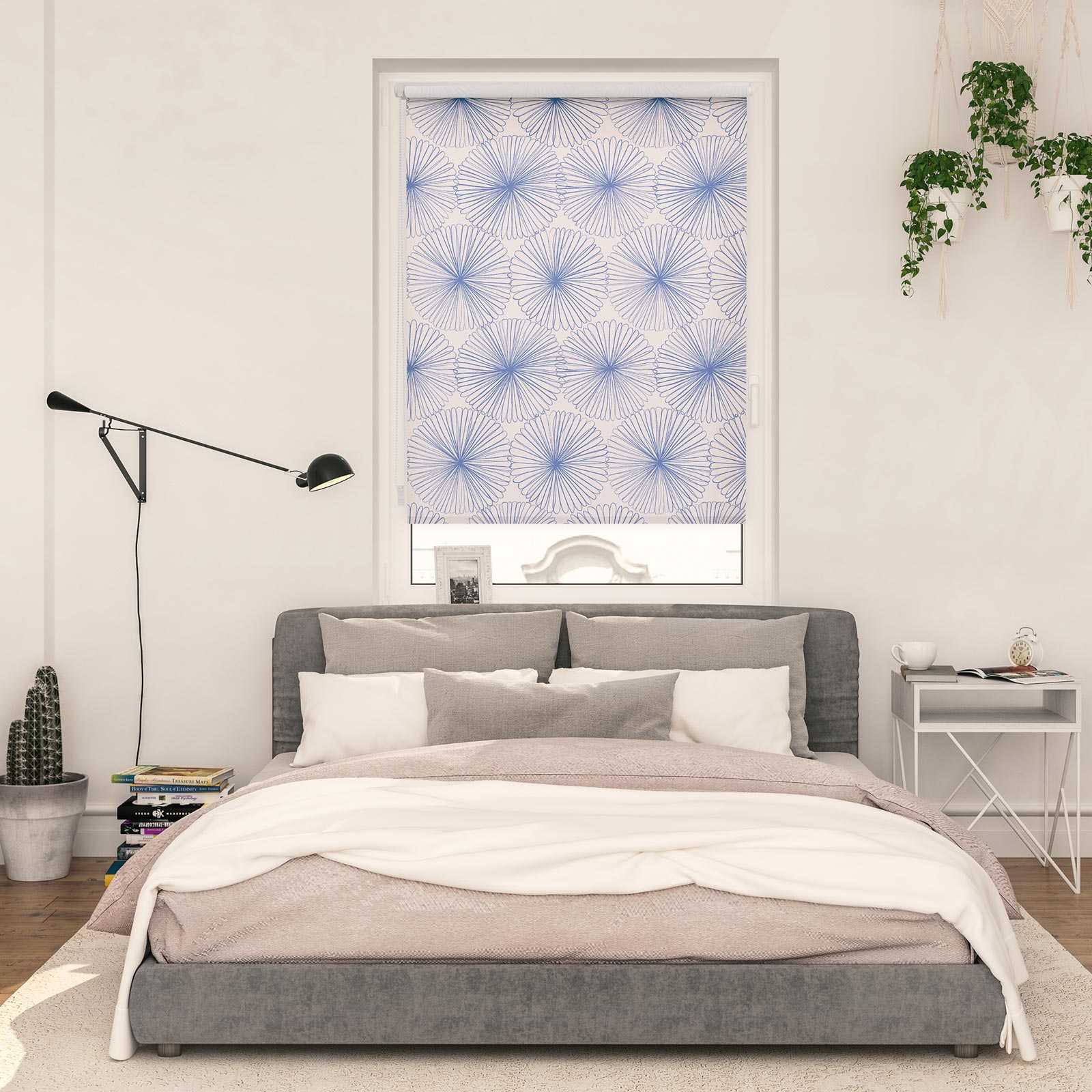 LICHTBLICK Rollo Klemmfix FLOWER WHEEL - blau-weiß - 45x150 cm