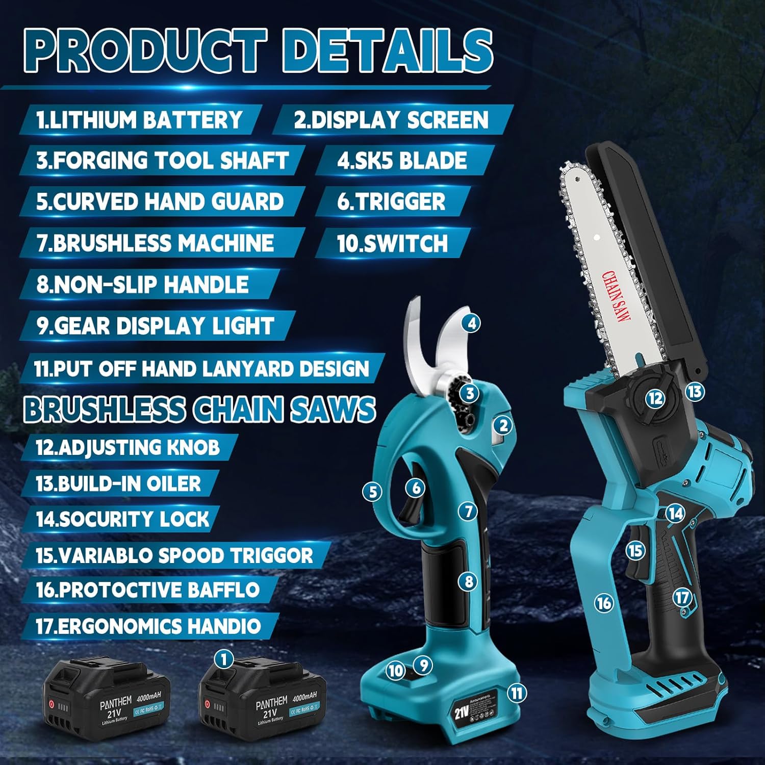 4 in 1 Akku Hochentaster 6 Zoll Mini Kettensäge baumsäge kompatibel mit Makita 18V, 45 mm Elektrische säge Gartenschere, Baumschere Astschere HandKettensäge Teleskop Astsäge (ohne Akku)