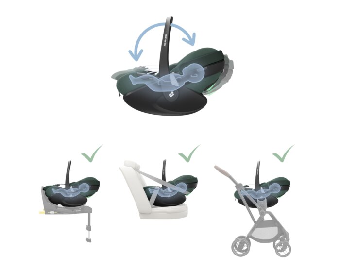 Pebble 360 Pro 0 - 15 M  40 - 87 cm  0 - 13 kg    Innovative SlideTech®-Technologie |    Flache Liegeposition |    Easy-in-Gurt |    G-CELL Seitenaufprallschutz |    FlexiSpin-Drehung mit nur einer Hand |