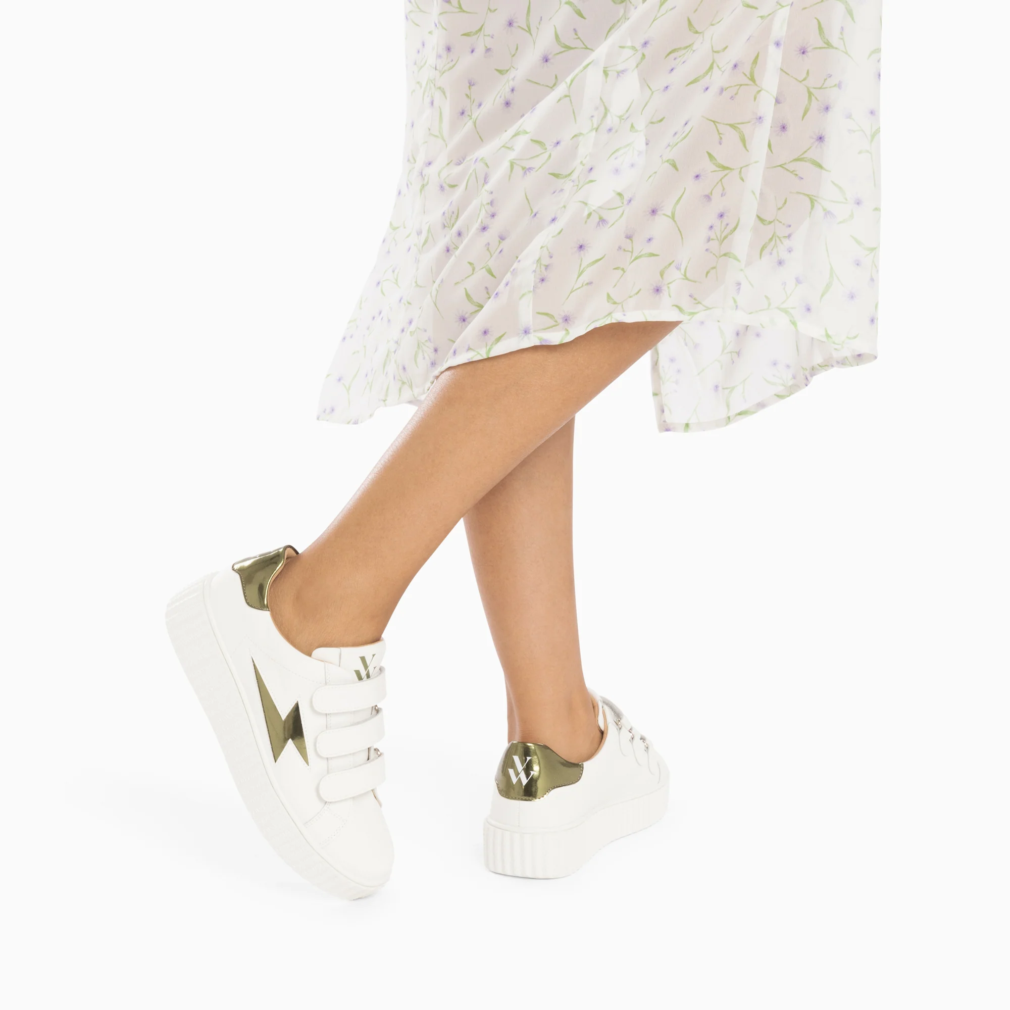 Sneakers-Baskets éclair Willow blanc et kaki effet miroir à scratchs