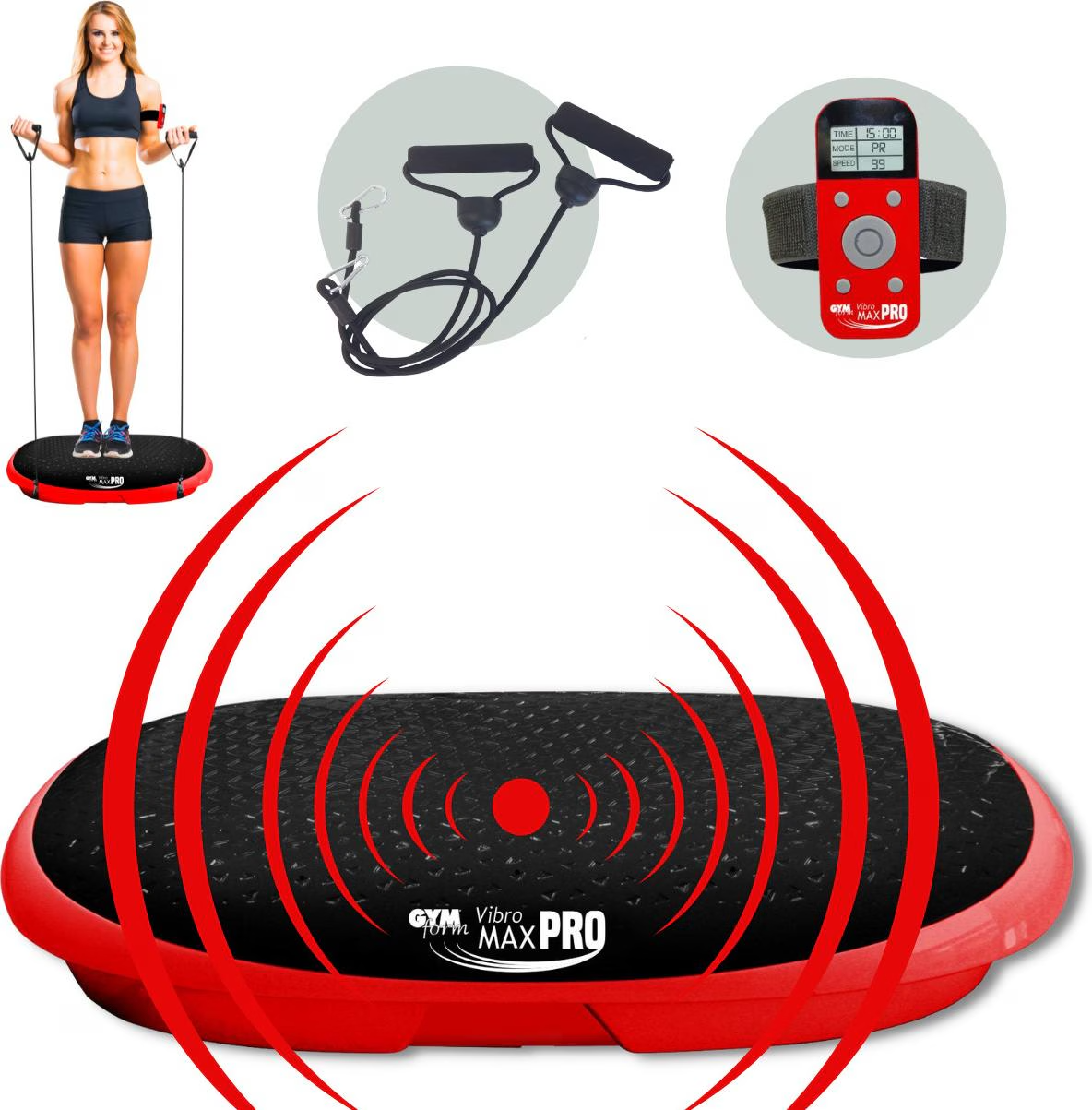 Vibromax Pro Fitness Vibrationsplatte Körper Massagegerät inkl. Widerstandsbänder / Fernbedienung - Schwarz / Rot