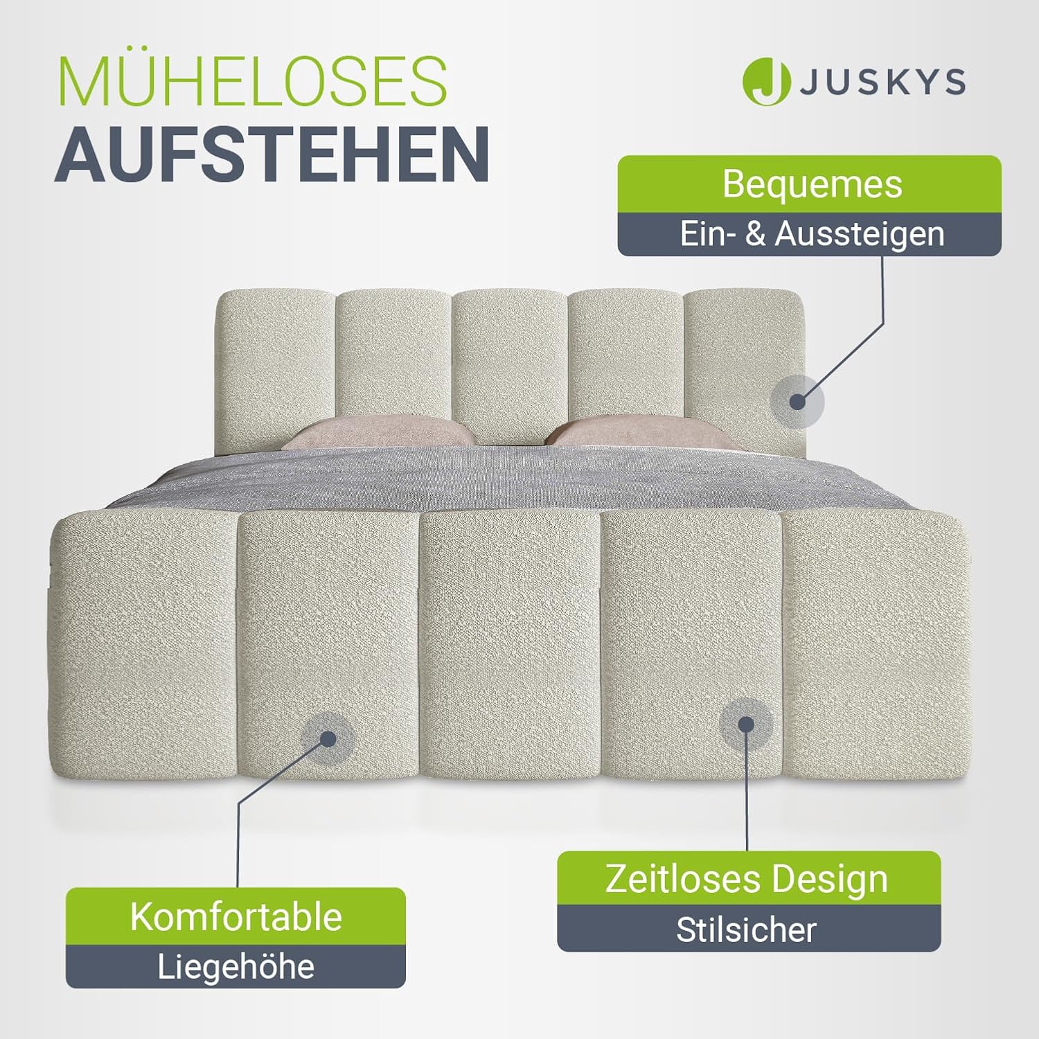 Juskys Boxspringbett Manitoba 180 x 200 cm - Modernes Design mit Bouclé-Stoff, Gepolstertes Kopfteil, Inkl. Topper - Beige