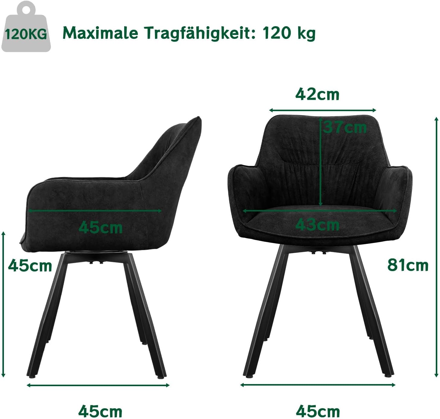 Esszimmerstuhl 6er Set drehbar, Armlehnstuhl drehbar 360°,Moderner Polsterstuhl Stuhl Samt, Stühle für Esszimmer,Küchenstuhl für Wohnzimmer, Arbeitszimmer,Schlafzimmer,Schwarz