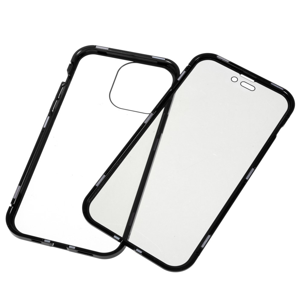 iPhone 14 Pro Max Magnetische Alu Schutzhülle mit Panzer Glas Backcover   Privacy Glas Displayschutz (Magnet-Technologie) - Schwarz