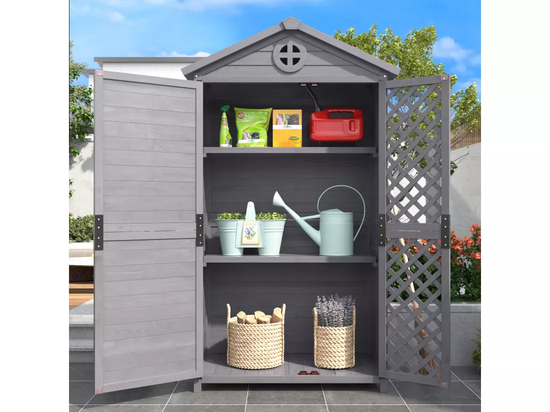 Abri de jardin en bois massif avec toit pente résistant aux intempéries - 2 portes 3 étagères - 90 x 56.5 x 175.3 cm - Gris