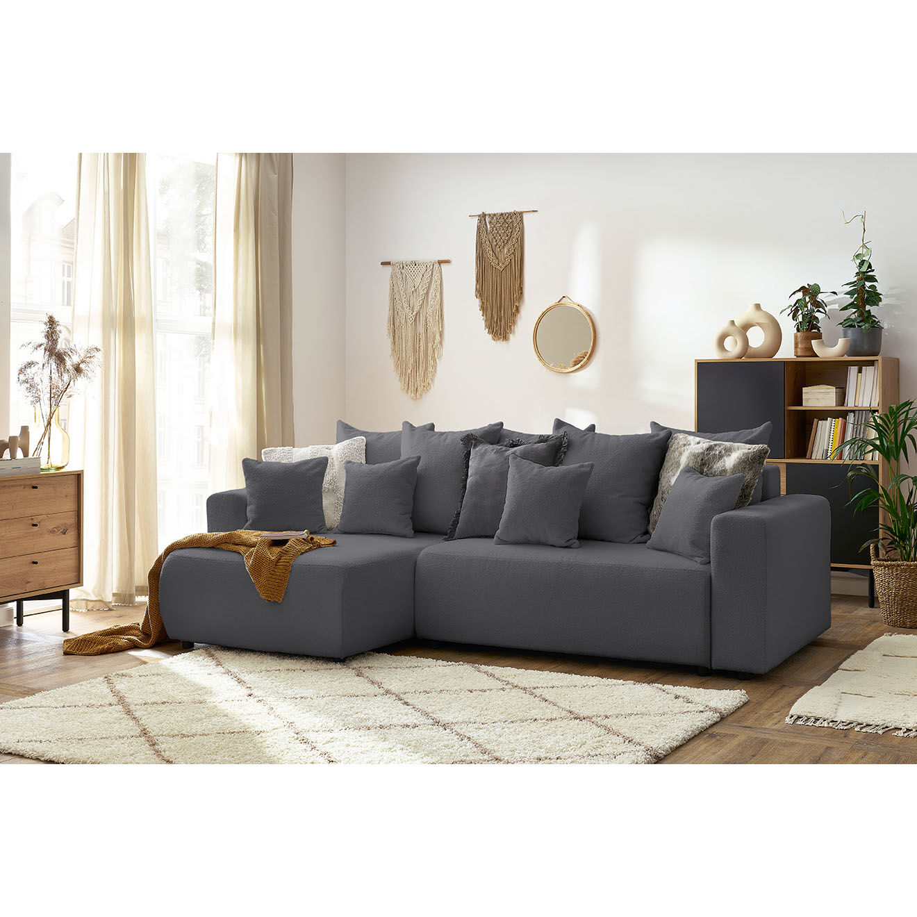Bobochic Canapé d'angle convertible reversible bouclette Envy gris foncé - 282x153x95 cm