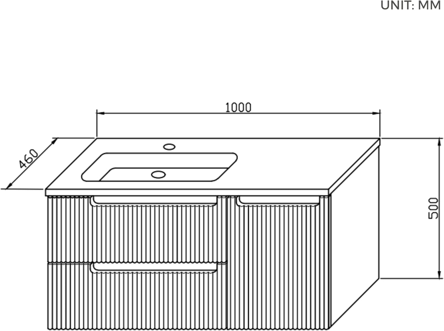 100 cm Hängeschrank Mit Mineralharzspüle, 2 Schubladen Und Tür, Ultradünn, Soft-Close, Gerippter Akzent, Geeignet Für Große Badezimmer, Weiß Matt