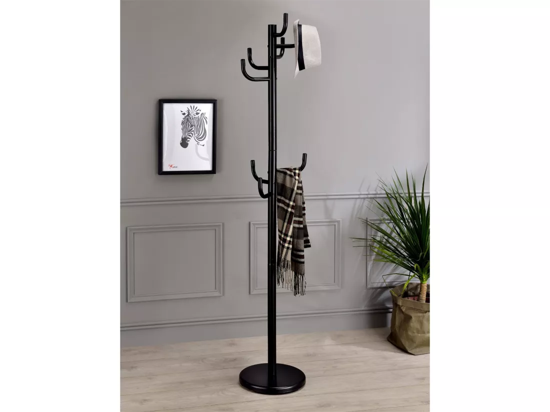 Porte-manteaux MILA portant pour vêtements sur pied hauteur 174 cm socle rond et 8 crochets, meuble d'entrée en métal laqué noir