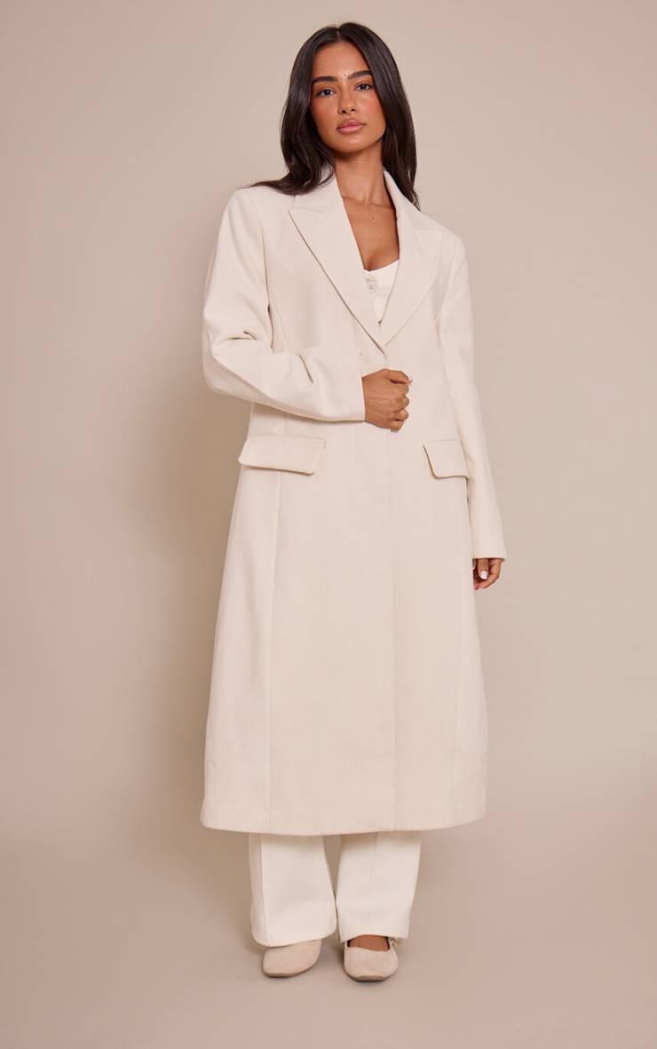 Crème Manteau Maxi Effet Laine Crème À Simple Boutonnage Avec Détails De Coutures Petite Taille