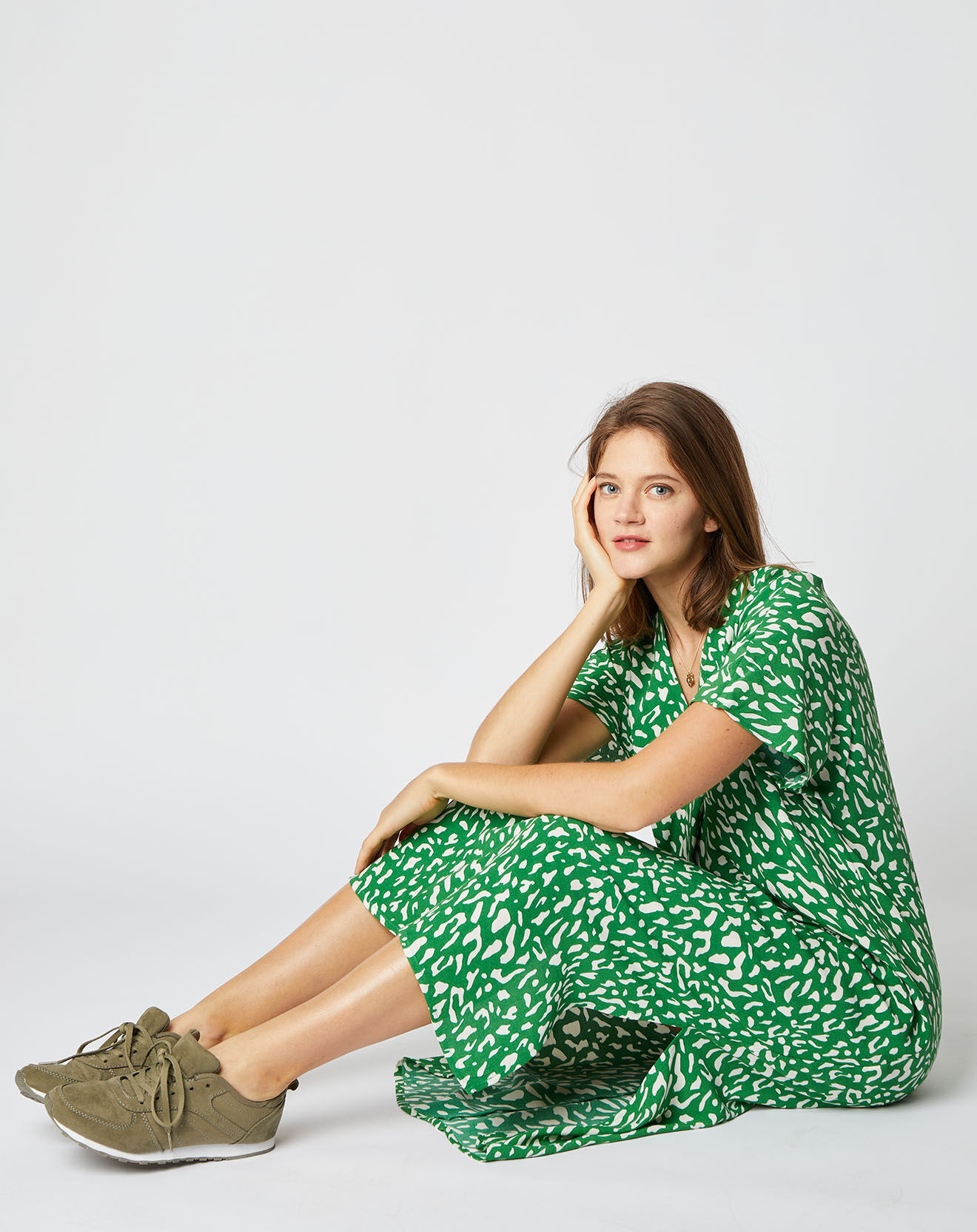 An'ge Robe mi-longue droite Floriane à motifs verte
