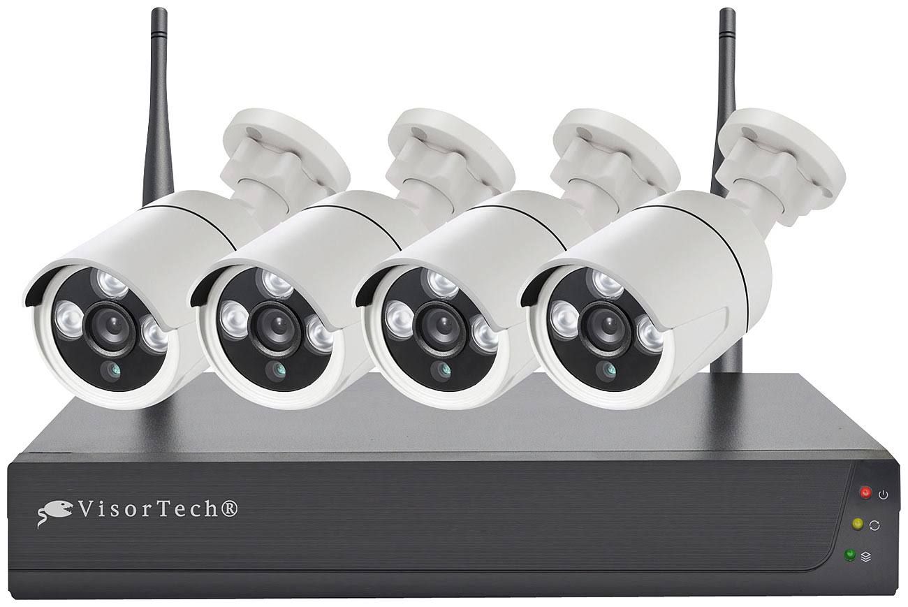 VisorTech Funk-Überwachungssystem mit HDD-Rekorder & 4 Full-HD-IP-Kameras, App