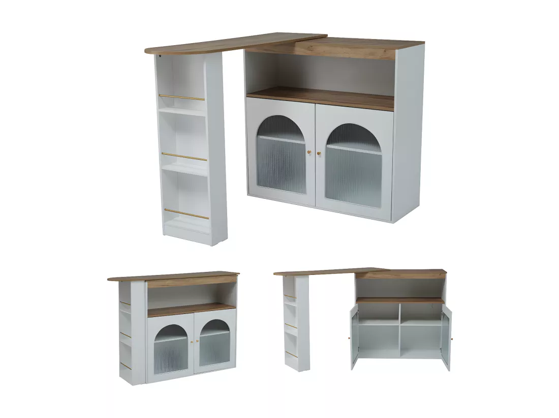 Buffet、Meuble de bar pivotant et escamotable avec LED - grand espace de rangement - style contemporain - Blanc
