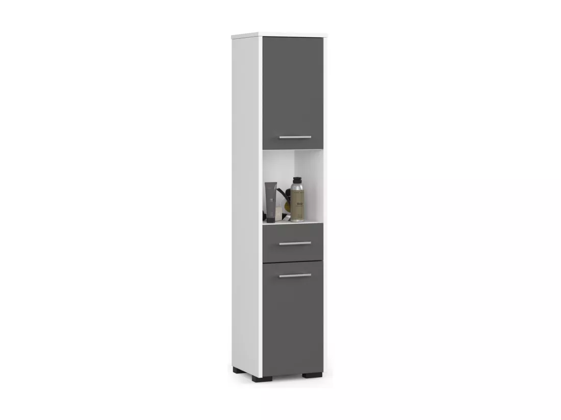 Colonne salle de bains AKORD FIN Blanche 30 cm 2 portes 1 tiroir façade Gris Graphite 5 étagères 30x30x140 cm
