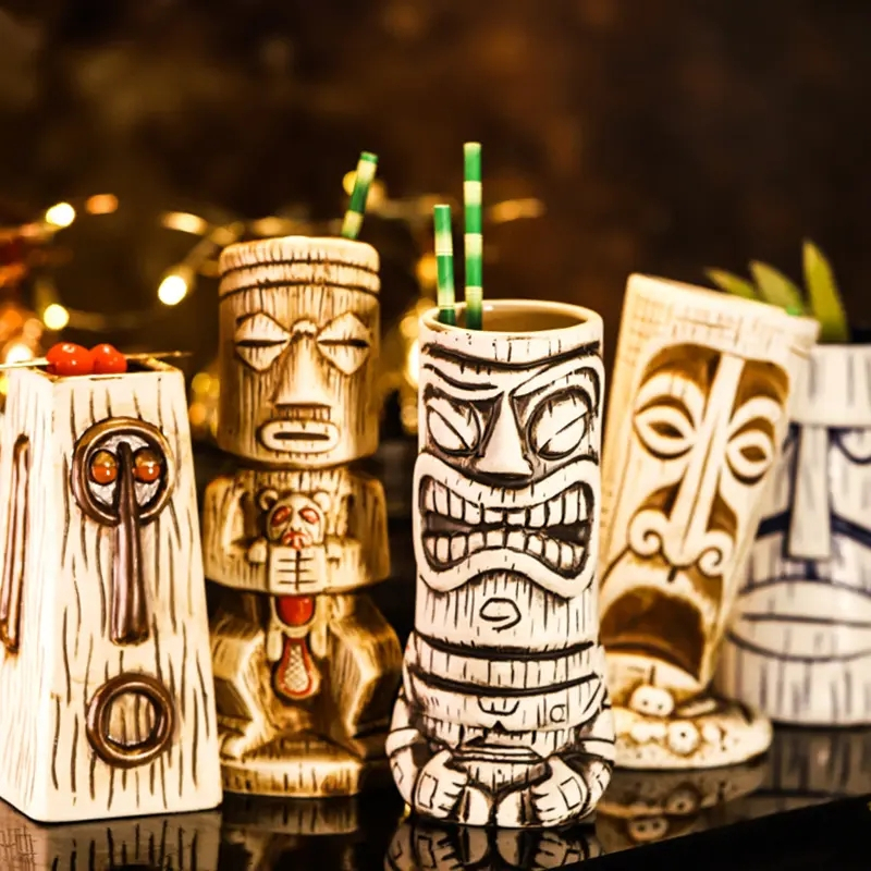 (450ml) 2in1 Keramik Sommer Party Becher Tiki Getränke Cup Deko Vase in Holz Optik - Maya Chief