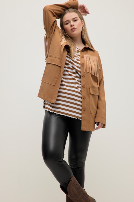 Hemdjacke, oversized, Langarm, Taschen, Fransen