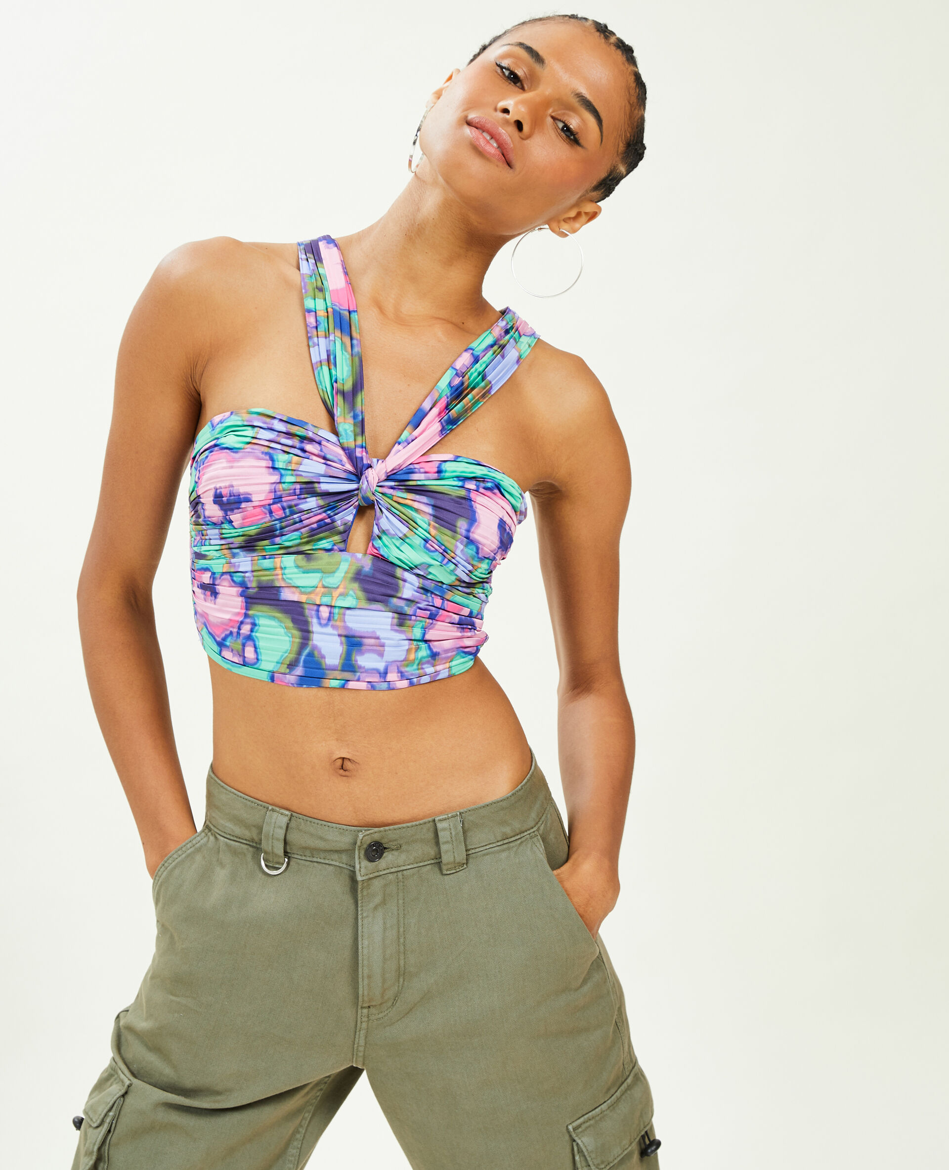 Top brassière en tissu satiné plissé - Violet