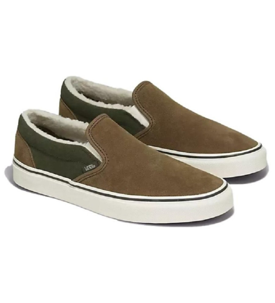 Tênis Vans Classic Slip-On em couro Sherpa, verde acastanhado