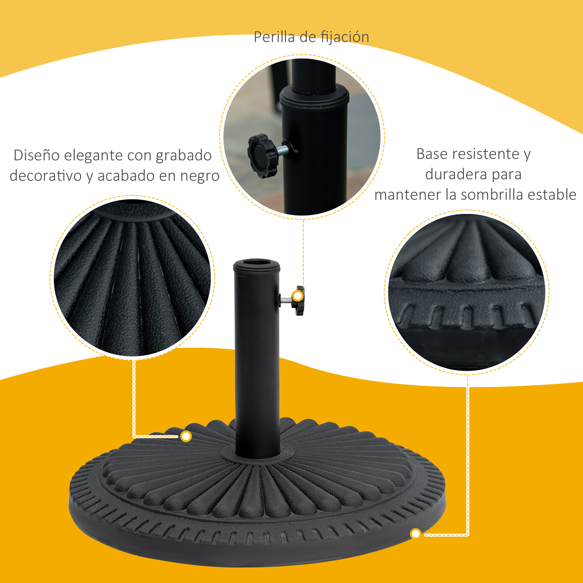 Base para guarda-sol de jardim Outsunny, peso líquido 15 kg, suporte para guarda-sol adequado para hastes de 35 mm/38 mm/48 mm, metal preenchido com cimento para terraço externo, Ø49 x 32 cm, preto