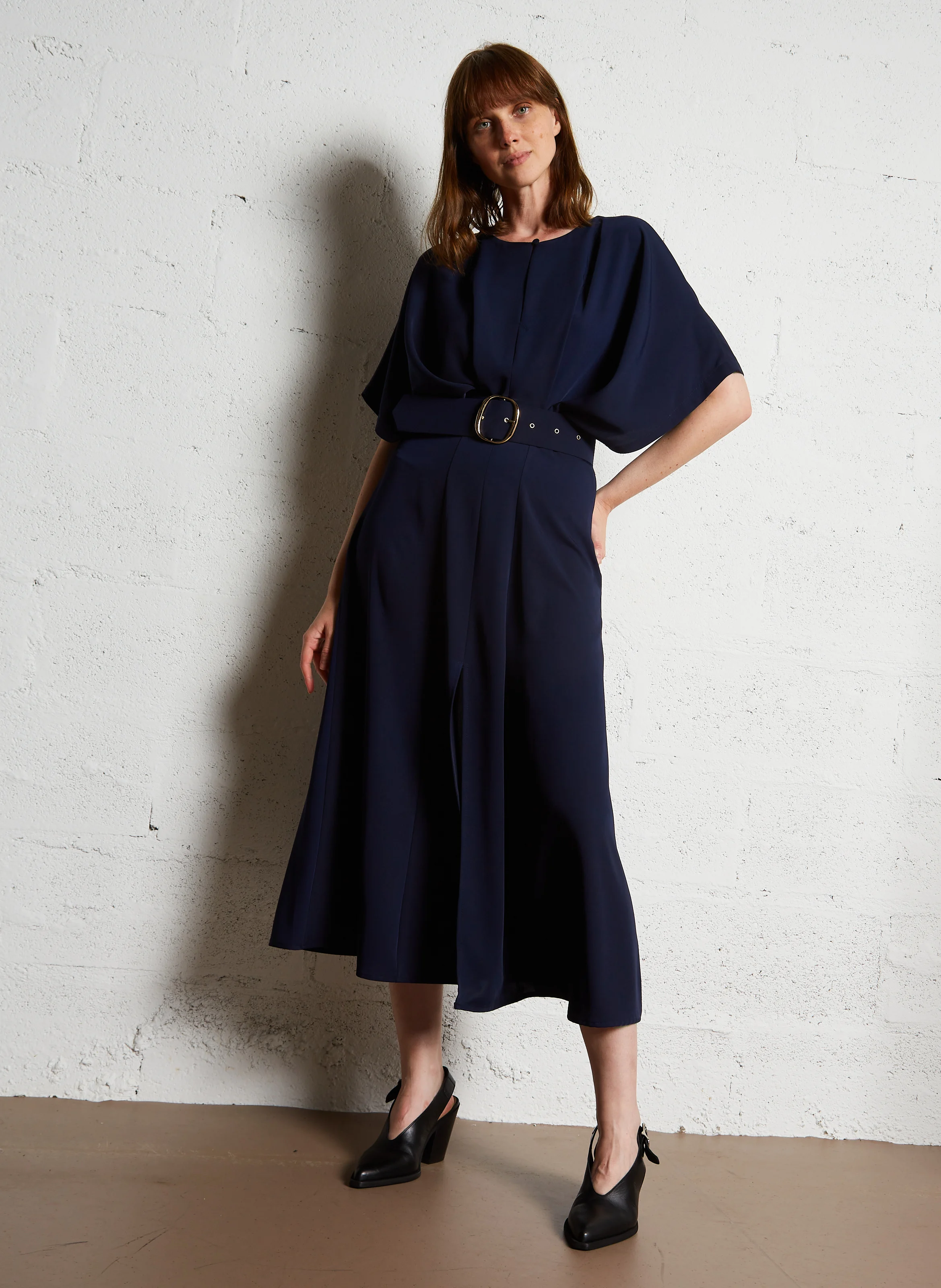 Robe longue col rond ceinturée | Bleu