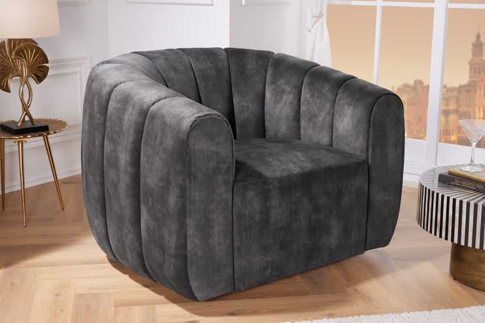 Drehbarer Design Sessel BABYLON dunkelgrau Samt Lounge Cocktailsessel
