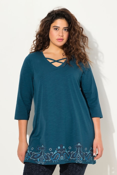 Longshirt, Bordürendruck, A-Linie, V-Ausschnitt, 3/4-Arm
