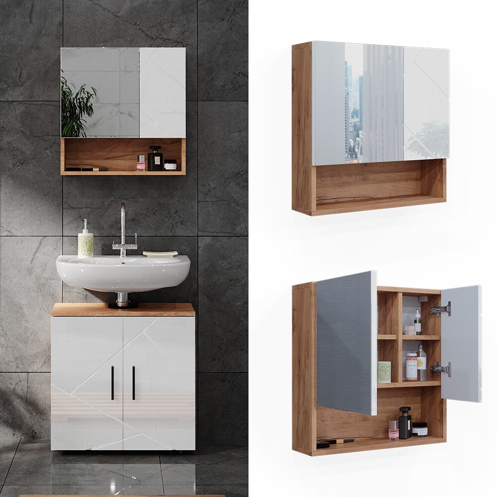 Vicco Spiegelschrank Badspiegel Wandspiegel Irma Eiche Weiß Hochglanz modern 54x55 cm Badezimmer Schrank Badschrank Badezimmermöbel Badmöbel 2 Türen