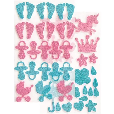 Folia Moosgummi Glitter Sticker, Baby, sortiert in blau und rosa, verschiedene Motive, 50 Stück