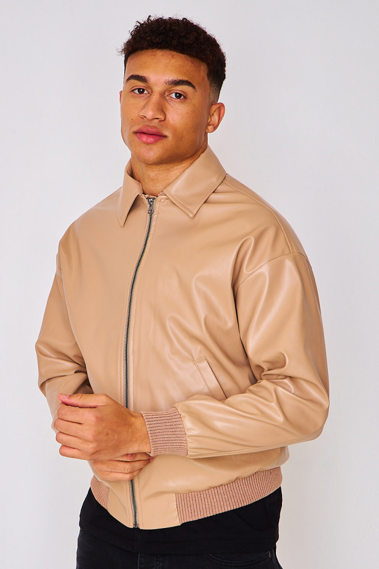 Bomber en simili cuir beige foncé