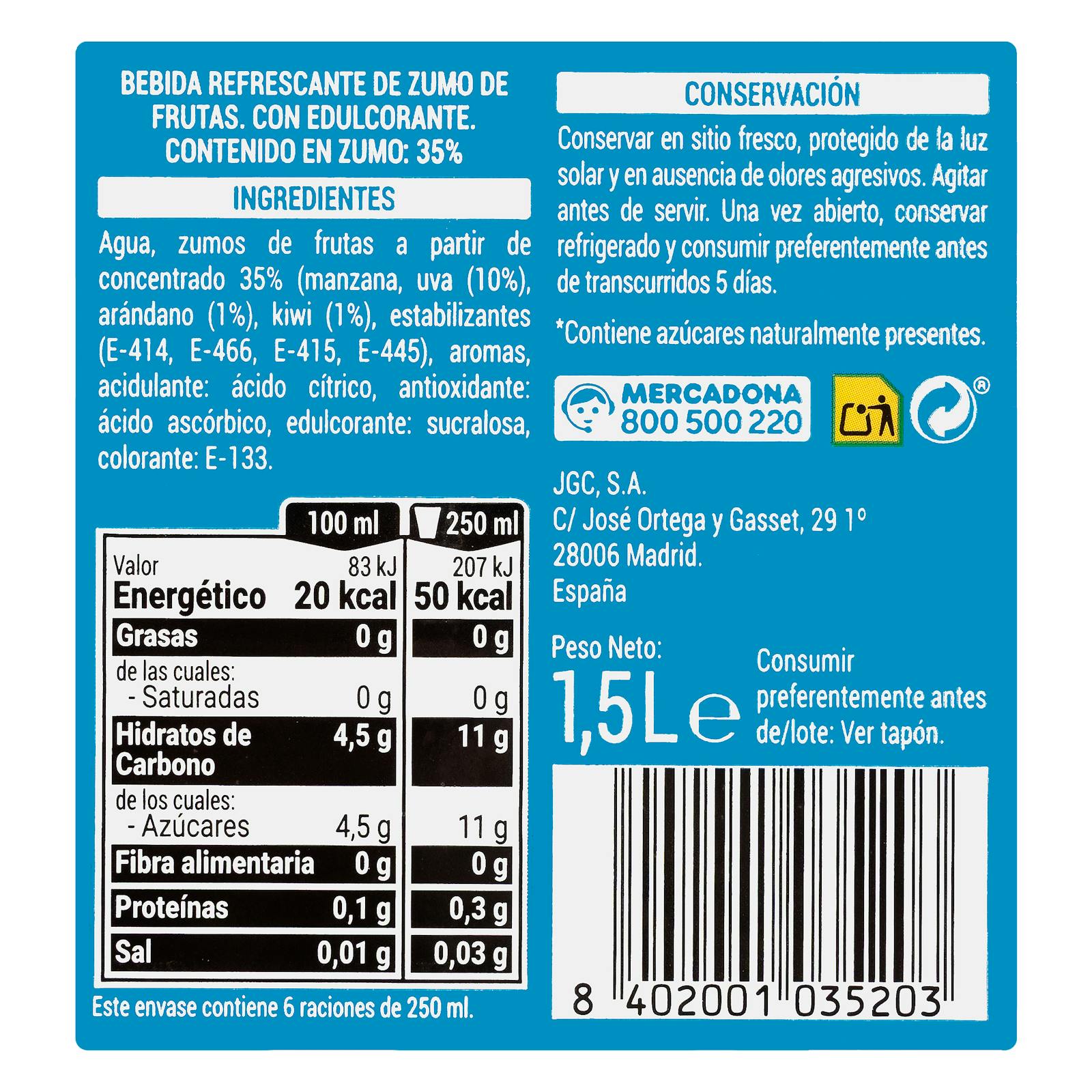 Boisson gazeuse fusion de fruits Hacendado zéro