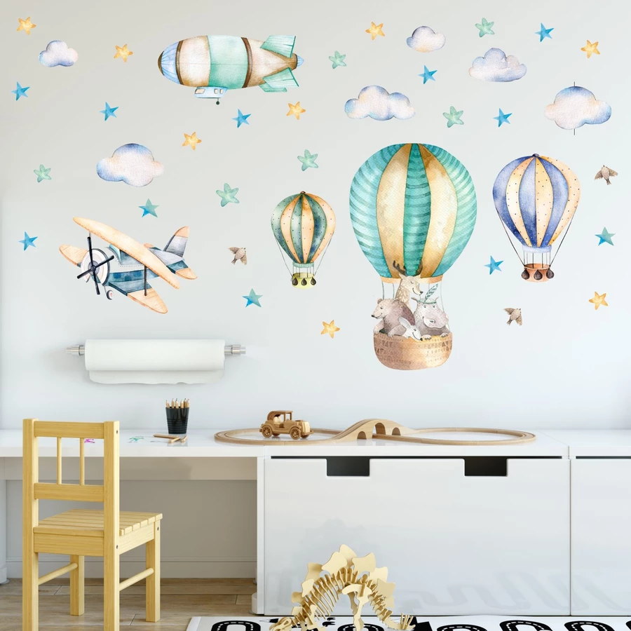 Nikima Wandtattoo 114 Wandtattoo Ballon mit Freunden Flugzeug Wolken Zeppelin blau