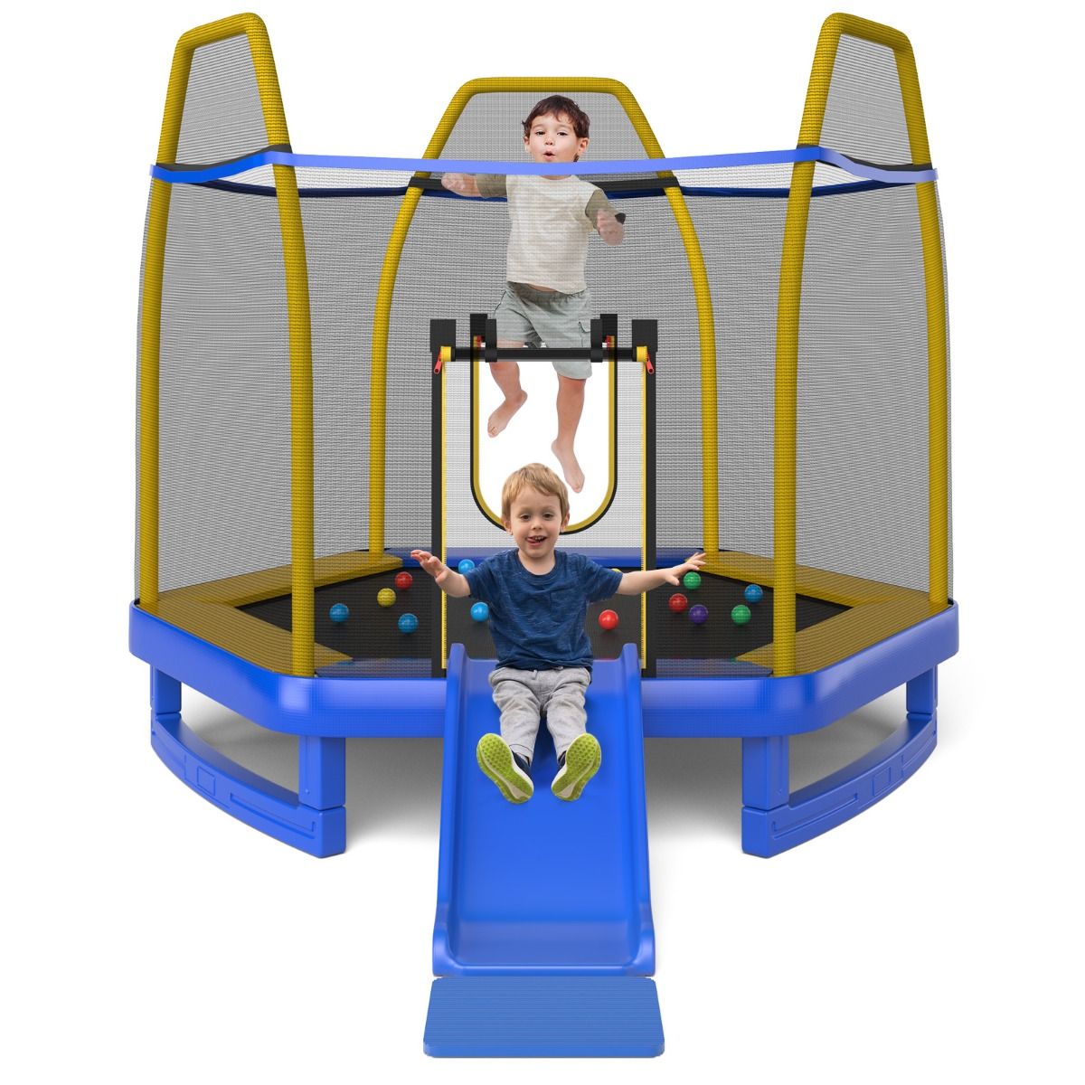 Trampoline Extérieur Ø 223cm avec Toboggan&Echelle avec Filet de Sécurité 2 Portes en U Charge 270kg pour 2-3 Enfants de 3 Ans+ Bleu/Vert - Lidl-Manfred