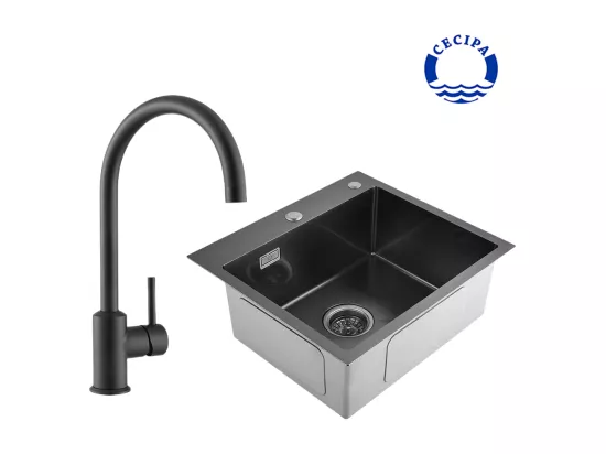 Cecipa max 2 en 1 Evier 1 bac 50*45*18.5cm Noir gris + Robinet de Cuisine Noir