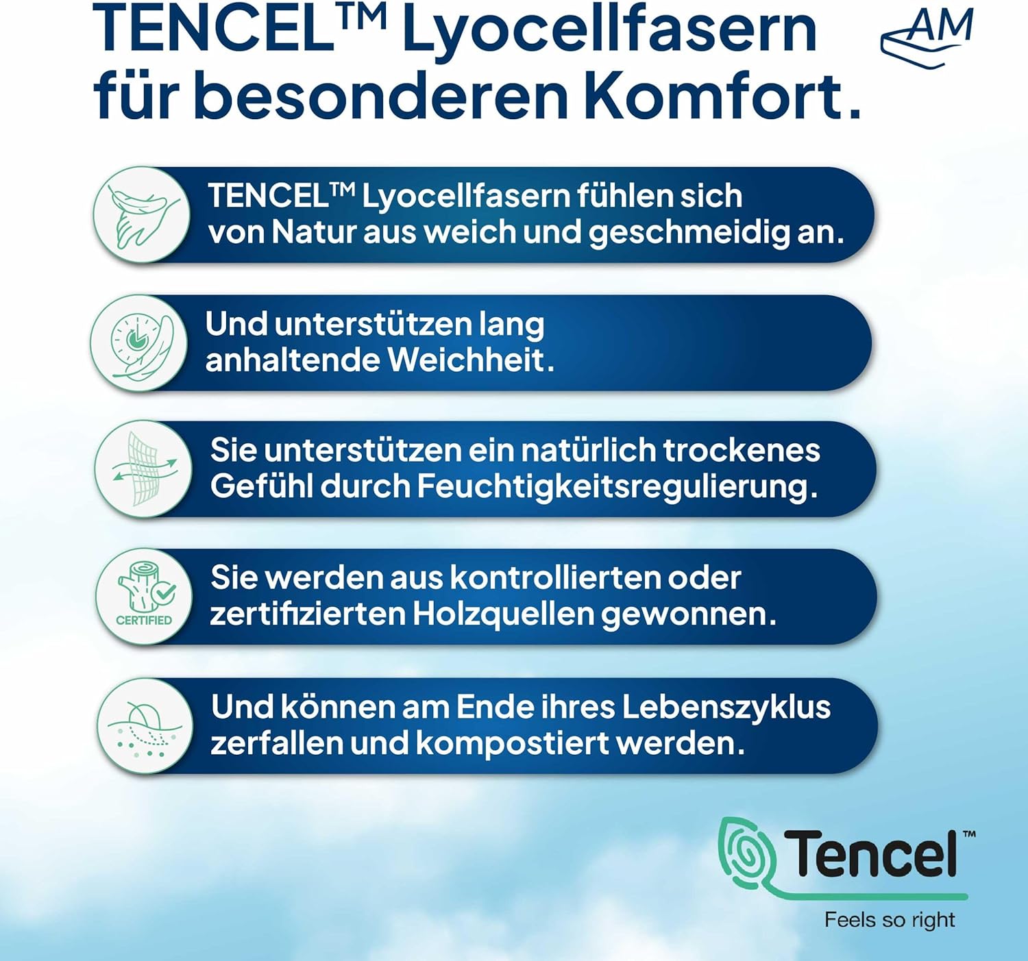AM Qualitätsmatratzen Lyocell Topper Bezug 180x200 4-6 cm Kernhöhe - Made in Germany & Oeko-TEX Siegel - Allergiker Topperbezug 180x200cm mit Anti-Rustch Unterseite & 4-seitigem Reißverschluss