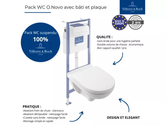 Pack WC sans bride VILLEROY ET BOCH O novo avec abattant frein de chute + bâti Viconnect PRO + plaque blanche