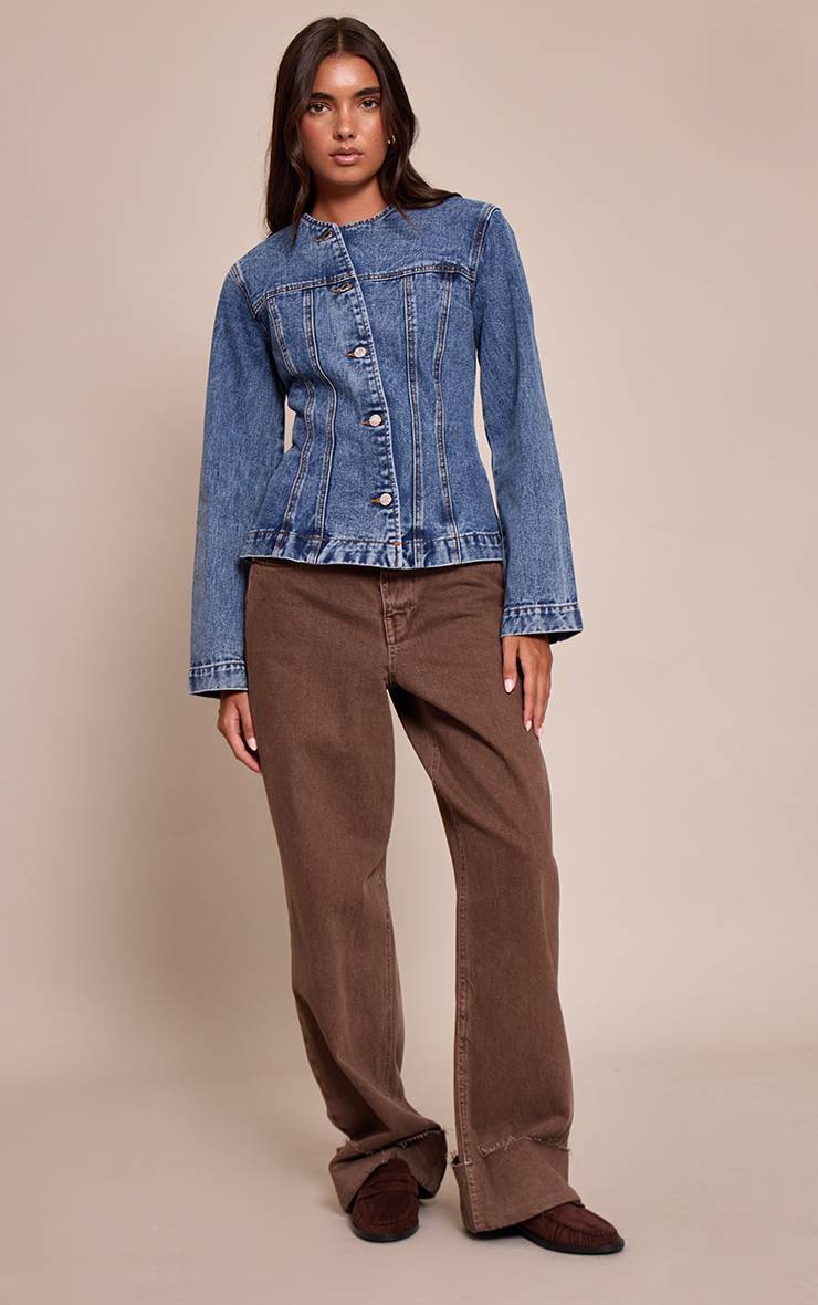 Mid Blue Wash Chemise En Denim Sans Col À Boutonnage Asymétrique