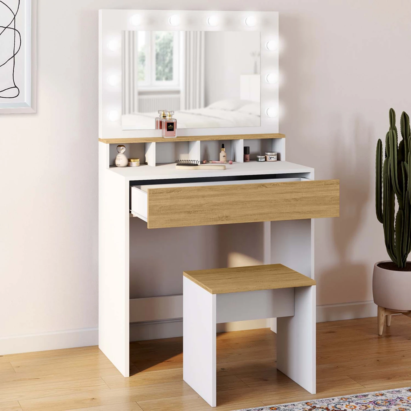 Coiffeuse ZELIA blanc et hêtre miroir LED avec 4 niches, 1 tiroir et tabouret