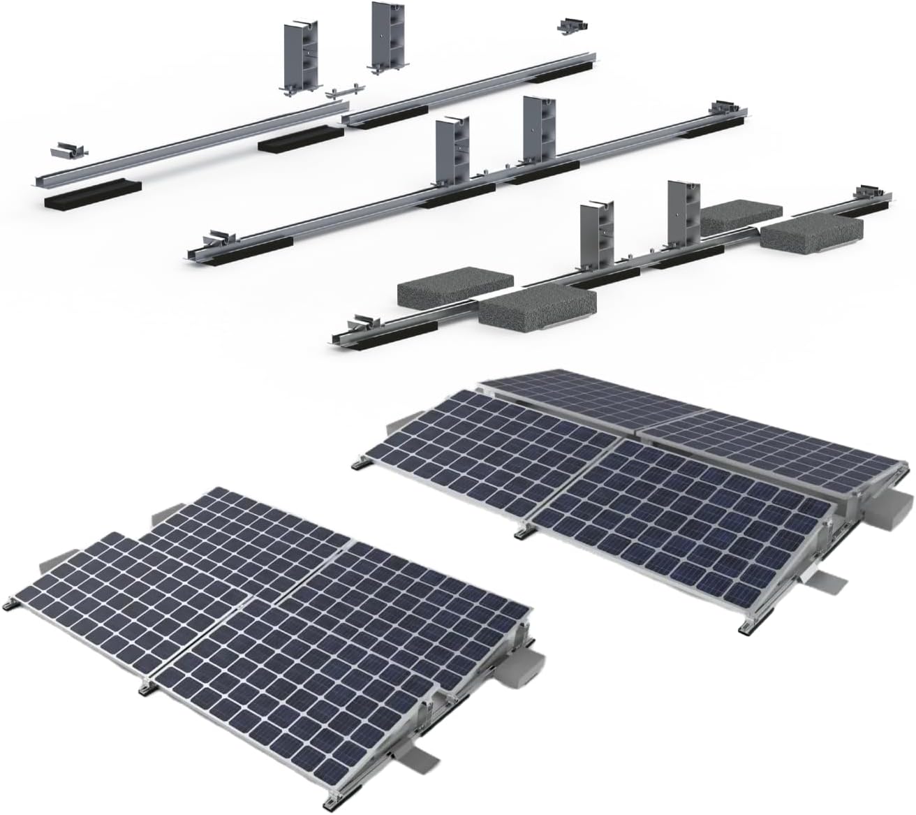 Montage-Set für Flachdach, 4 PV-Module, Ost-West und Süd-Ausrichtung, Aluminium Befestigungssystem mit Schienen und Klemmen 0% MwSt