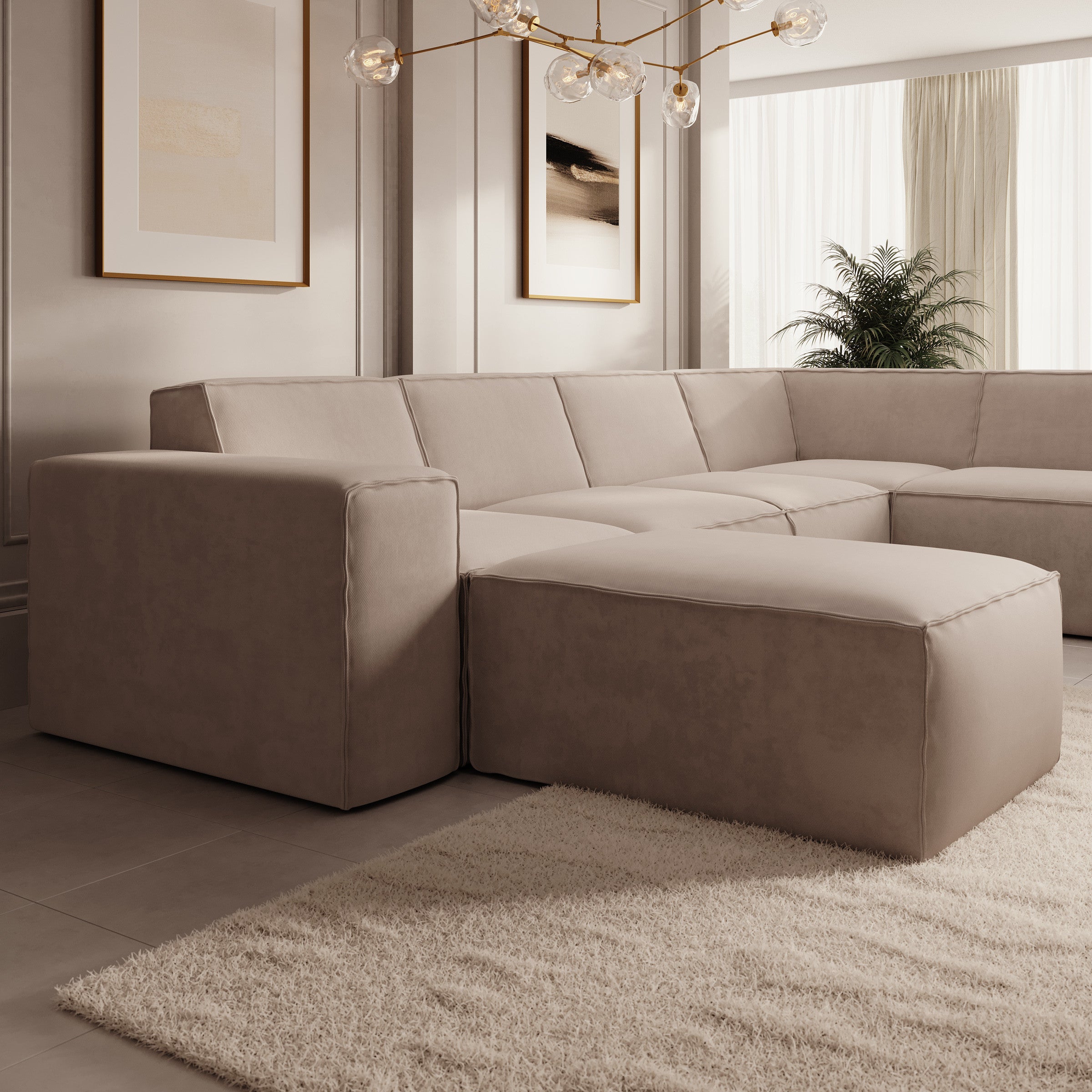 Monet XL - Hoekbank 5-zits met chaise longue - Stof beige - Links 334x216x79 cm