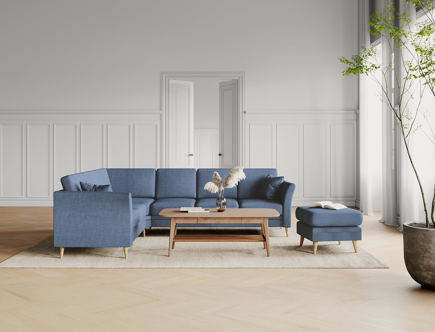 Eden hjørnesofa 23 hjørne i tekstil Thor 16/1 Light Blue med ben i eik natur 15137