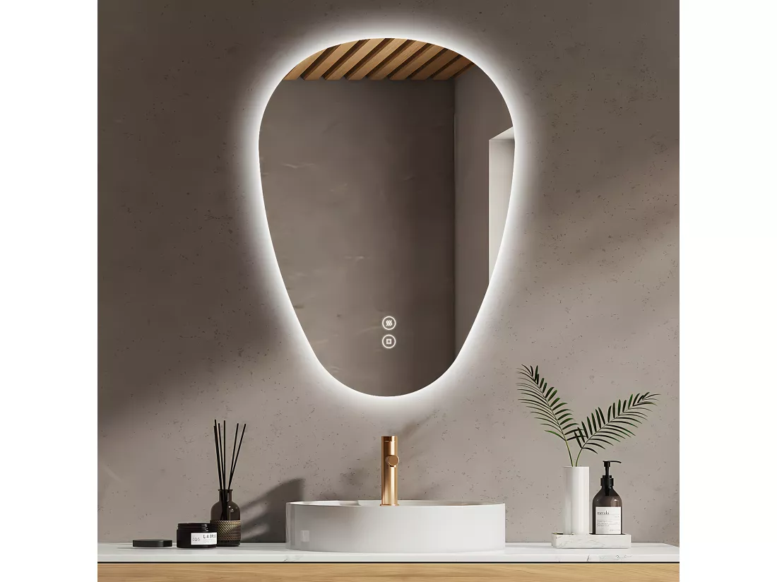 EMKE Miroir Salle de Bain avec Éclairage, 80 x 60 cm, Miroir LED Asymétrique, Interrupteur Tactile, 3 Couleurs de Lumière Réglables, Miroir Anti-Buée
