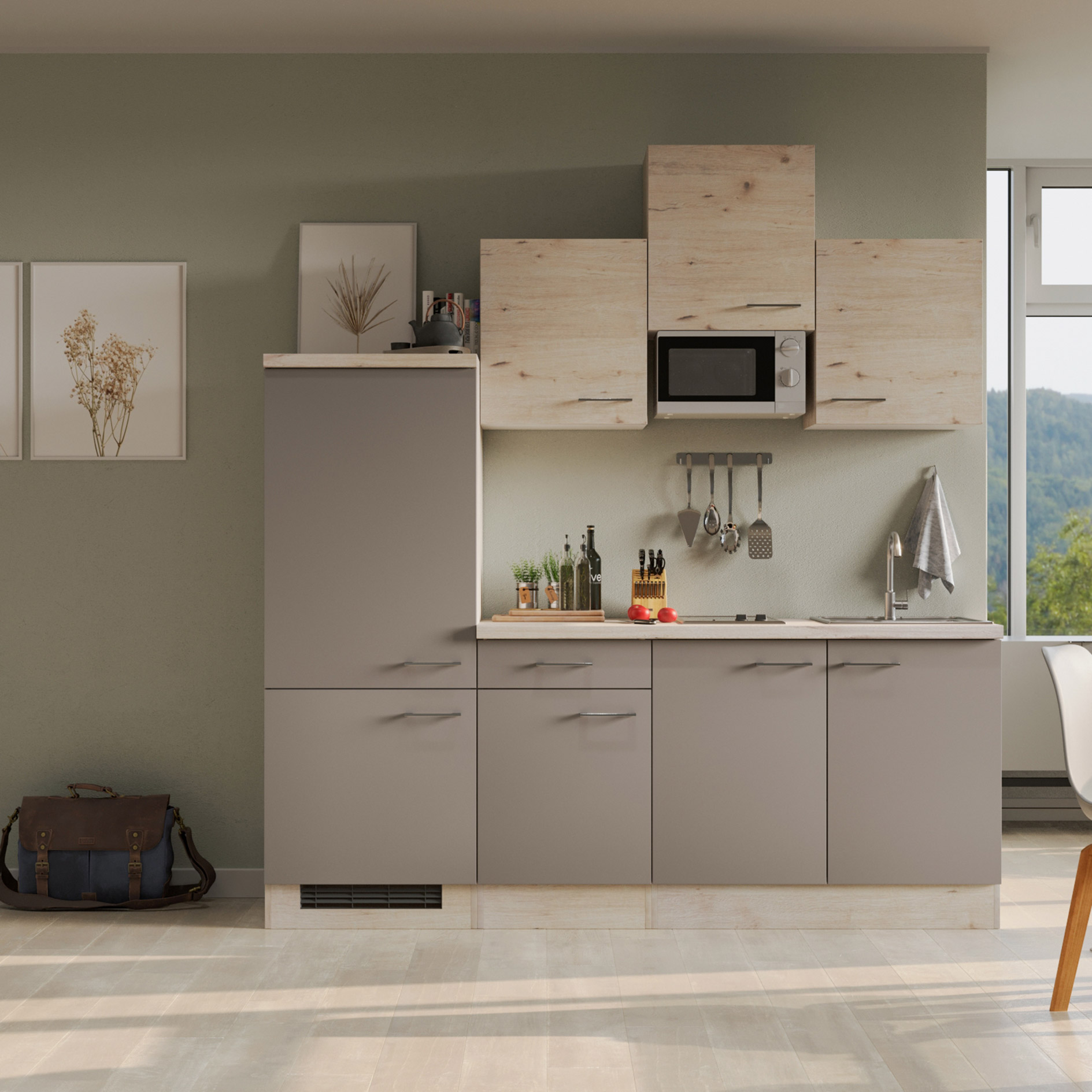 Küchenblock RIVA - Quarz Cubanit - San Remo Eiche hell - mit E-Geräten - 210 cm